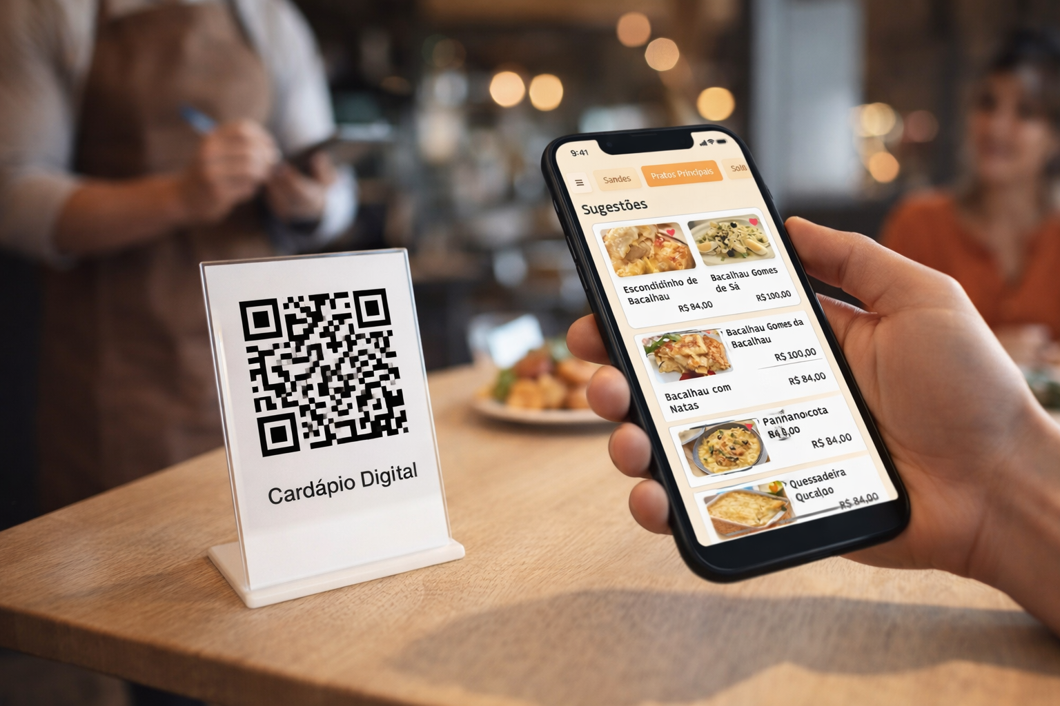 QR Code no restaurante ajudando o cliente a acessar o cardápio digital no salão